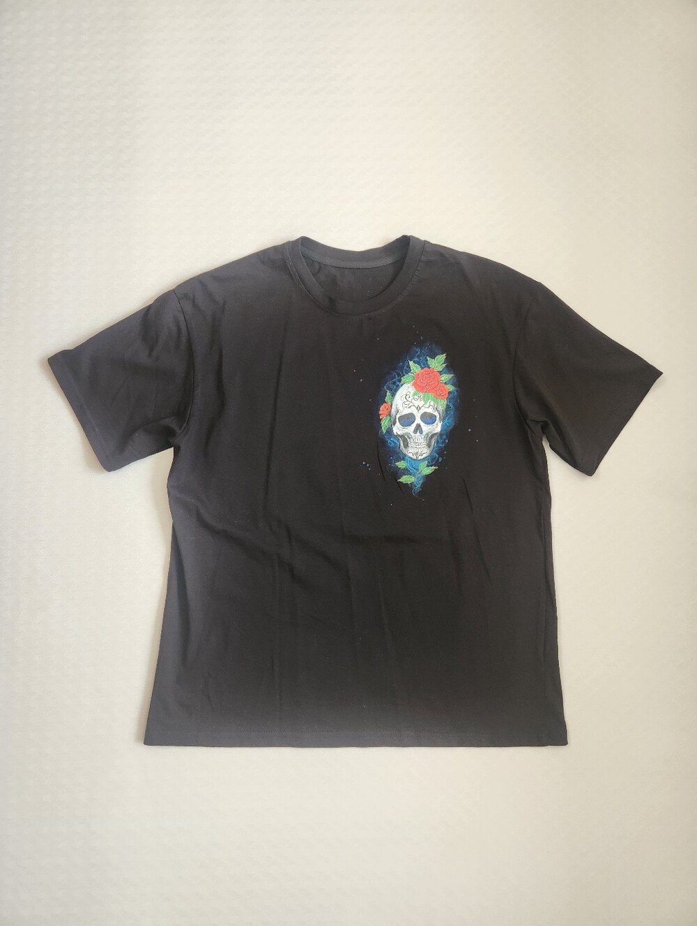 Halloween T-shirt M Black Cotton Handpainted Skull Rose Dead La Catrina Art New - Picture 9 of 12